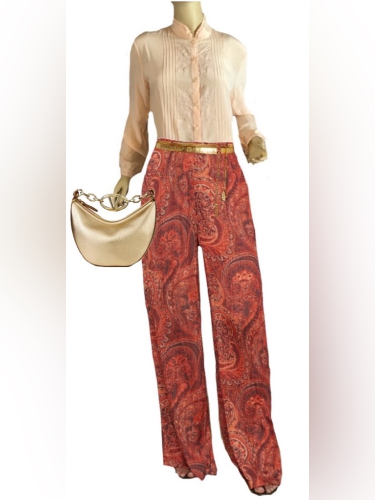 Vintage Boutique Peach Silk Embroidered Button Down Blouse (M)